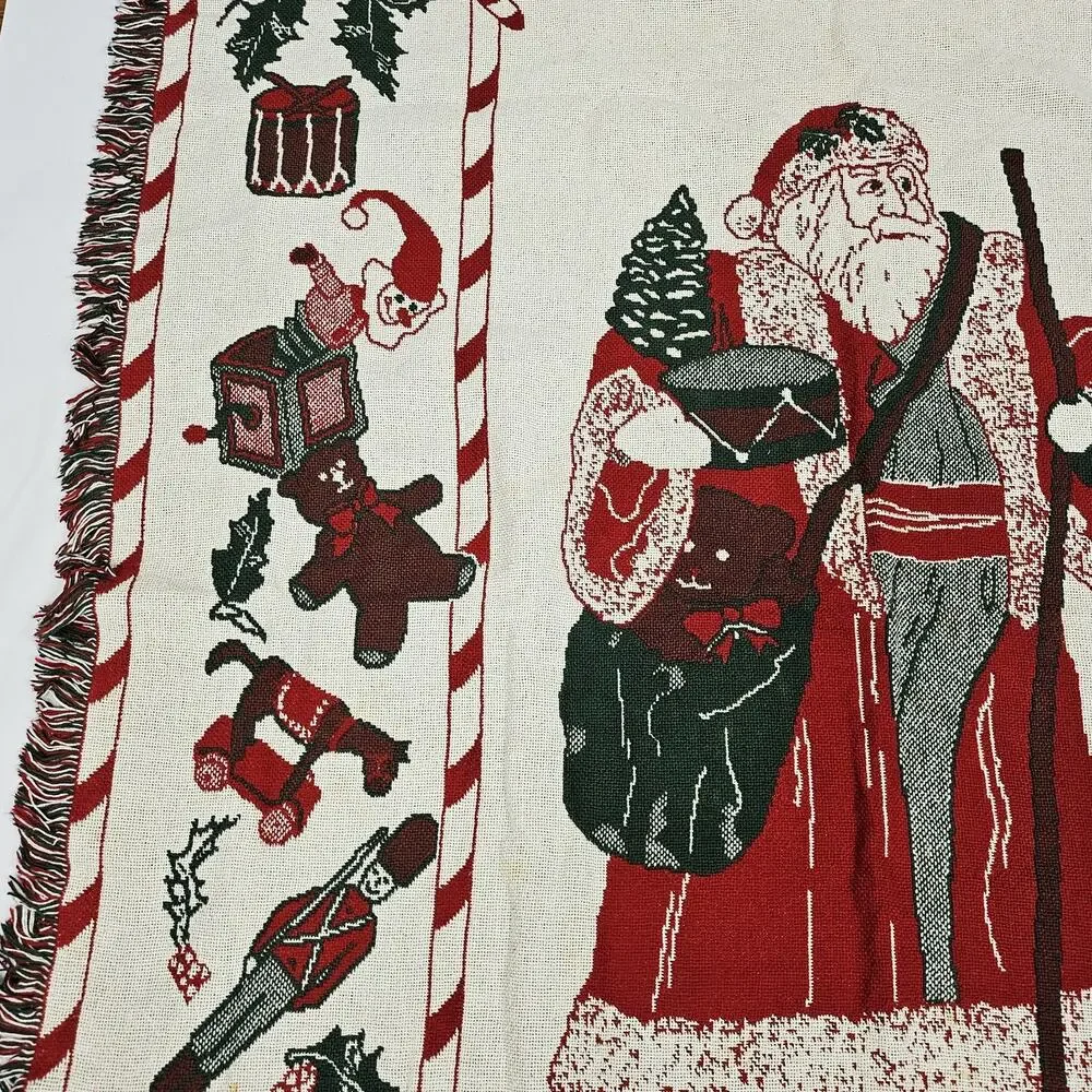 Vintage Christmas Holiday Thrown Blanket Woven Tapestry Santa Claus Reversible